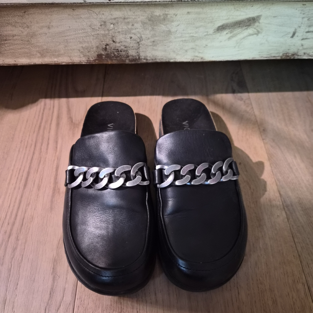 Vionic Black Leather Mules with Silver Chain Detail